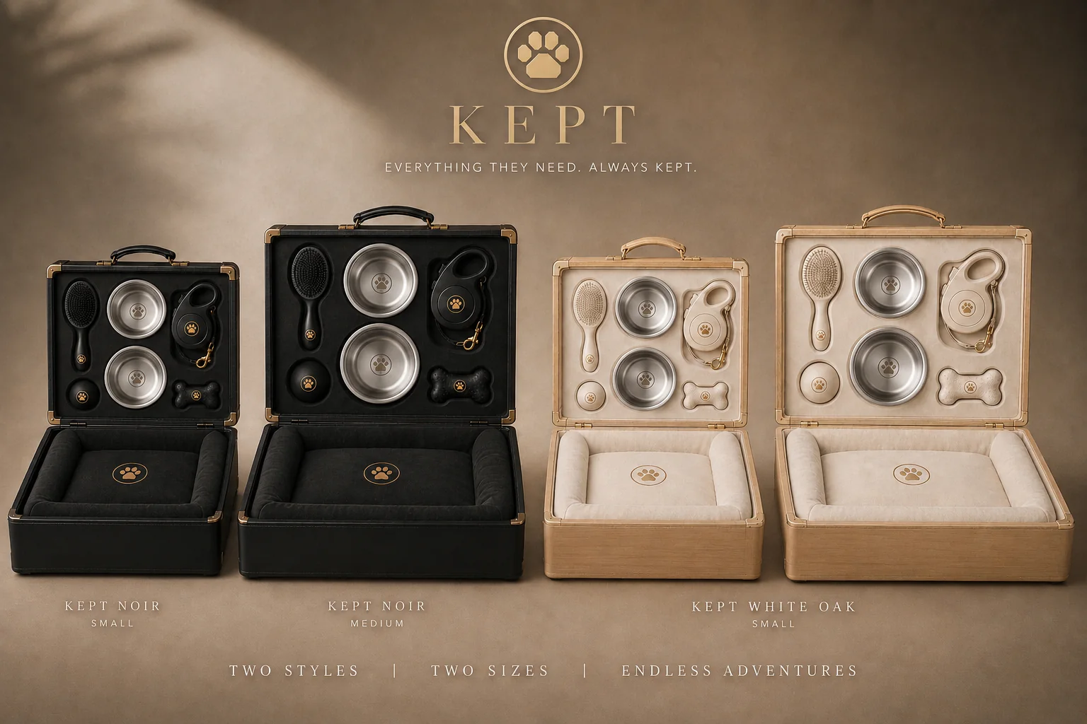 The full KEPT collection: Noir Small, Noir Medium and White Oak Small, all open to show lid suites and beds.