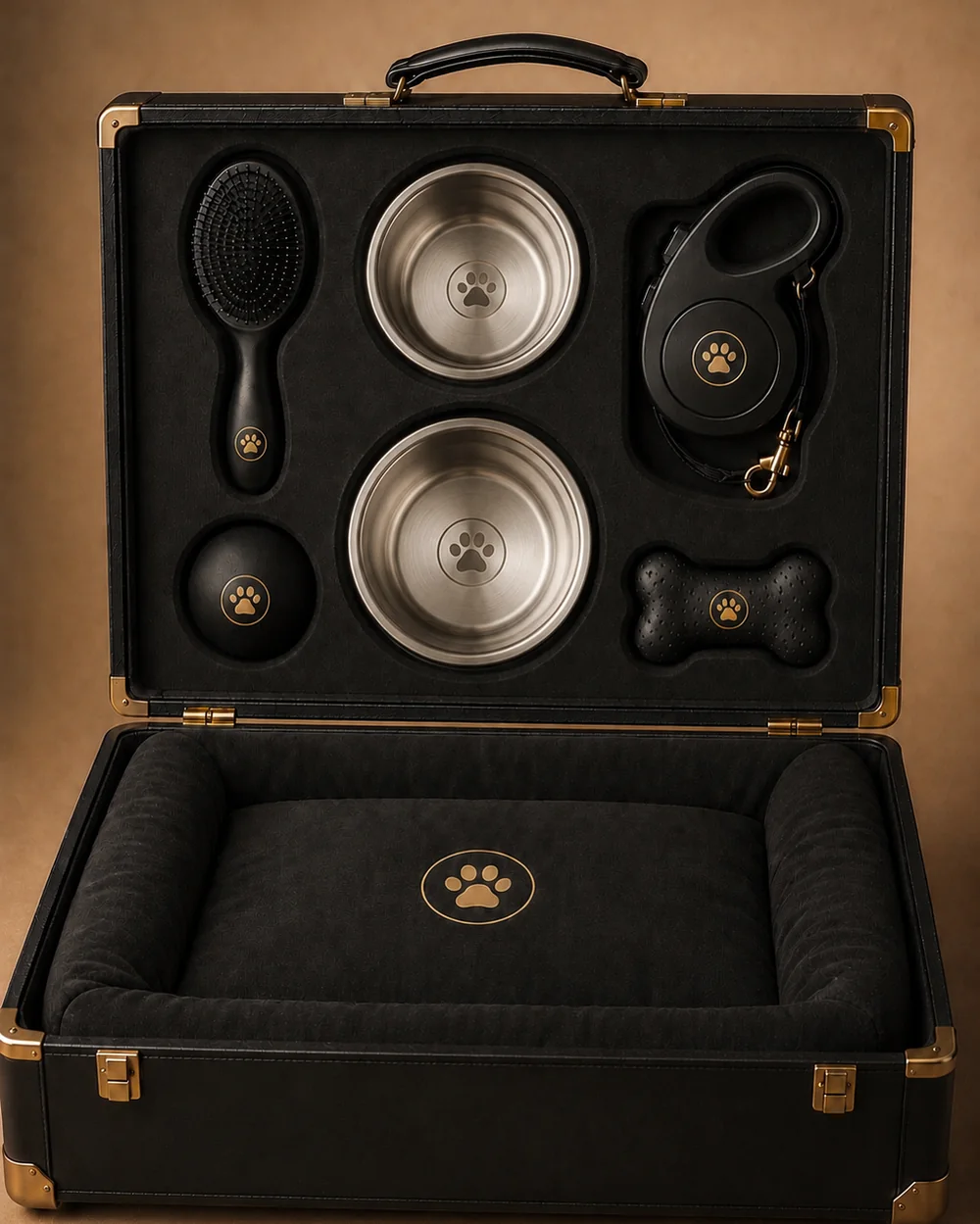 Close view of the KEPT lid: grooming brush, two stainless bowls, retractable lead, treat ball and chew bone, each seated in a fitted recess.