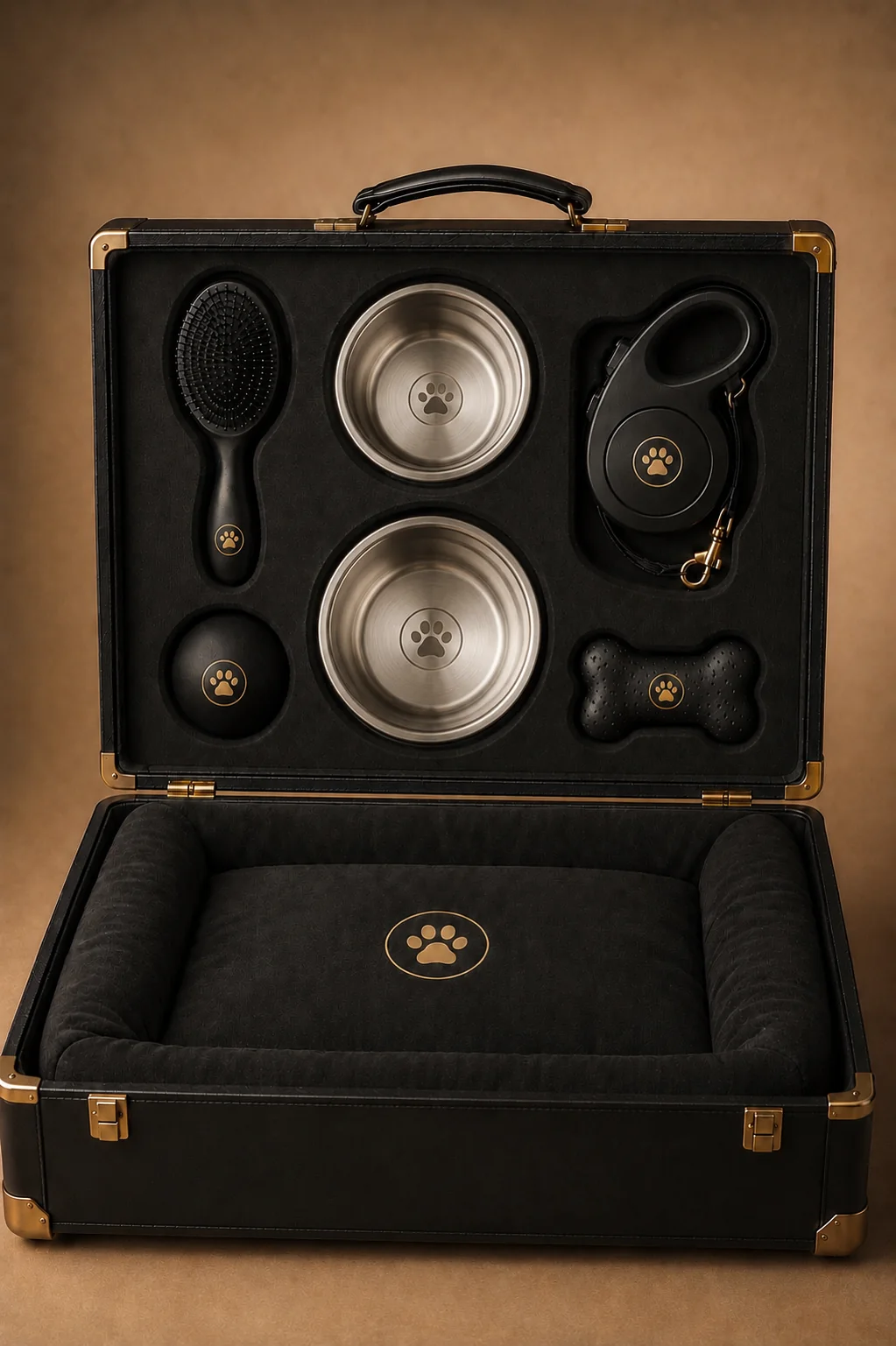 The KEPT Noir case open, showing the grooming and feeding suite in the lid and a cushioned bed in the base.