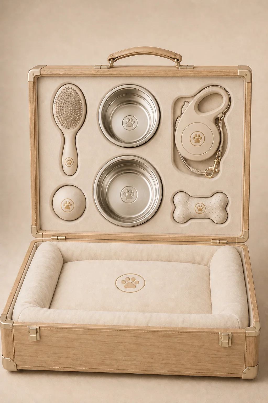 The KEPT White Oak case open, in pale oak with brushed brass hardware and a cream bed.